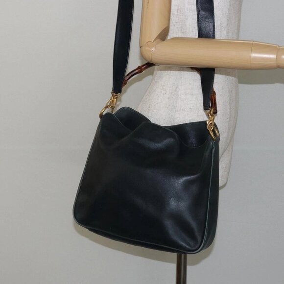 GUCCI Bamboo Hand Bag Leather 2way Green Gold - Picture 1 of 16